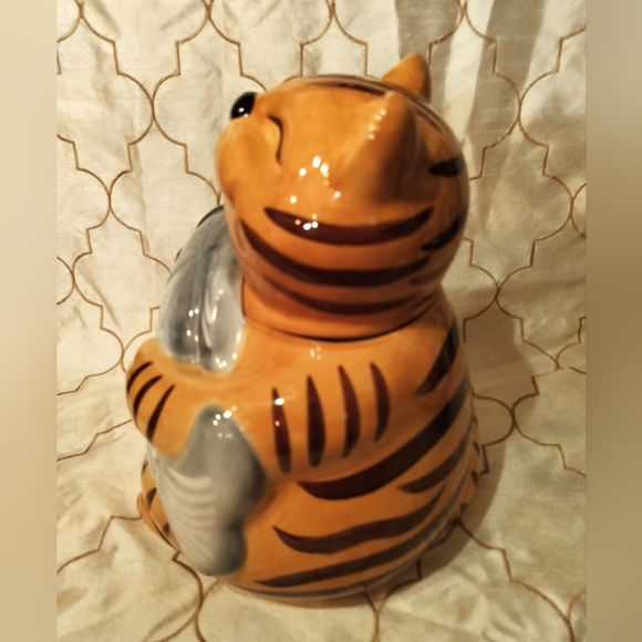 Cookie Jar Cat Holding Fish CKAO yellow cat Vintage in great condition - Picture 4 of 11
